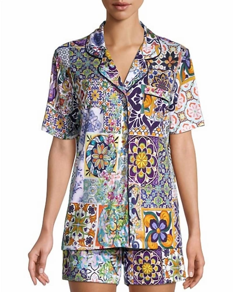 Front of a model wearing a size XXL Morocco 2-Piece Short Pajama Set in Multi in Multi by Johnny Was. | dia_product_style_image_id:343264